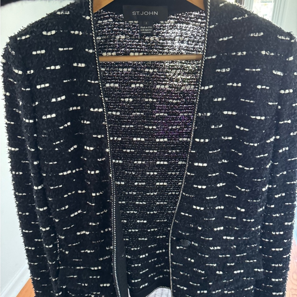 St. John Black, White & Silver Sparkle Knit Jacket - Picture 4 of 5